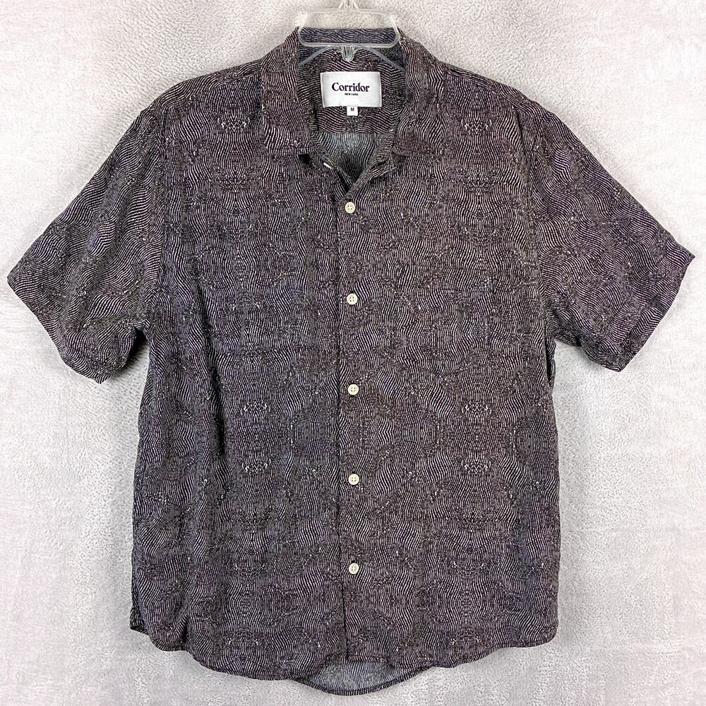 Corridor Shirt Mens M Black Contour Lines Camp Collar Preppy Indie NYC Huckberry